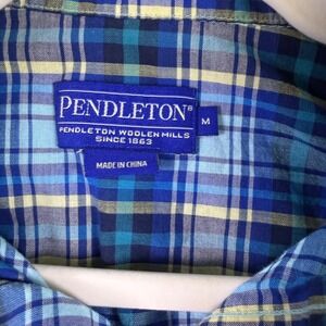 Pendleton Mens Short Sleeve Button Down Plaid Shirt Blue Yellow Size M
